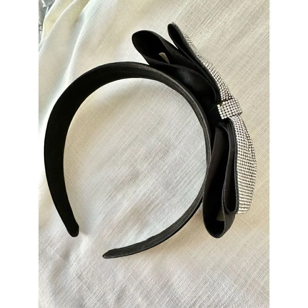 Sparkly Rhinestone black satin bow headband ￼